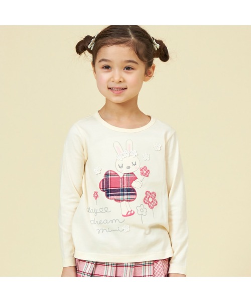 セール】うさぎチェックアップリケ長袖Tシャツ(80～140)（T