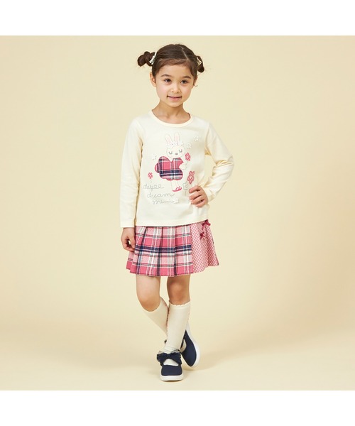 セール】うさぎチェックアップリケ長袖Tシャツ(80～140)（T