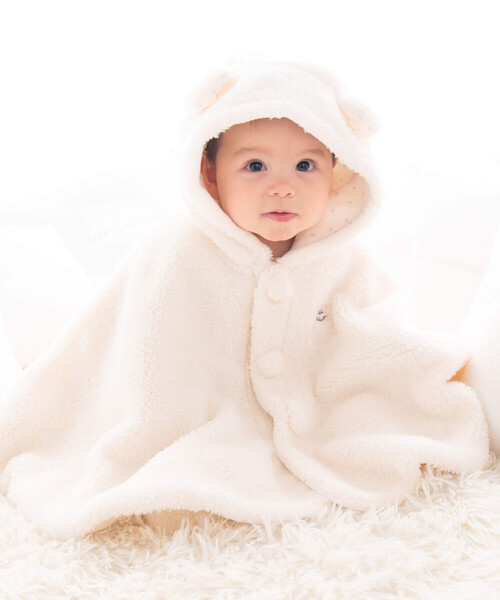 【セール】モコモコミミ付フリースマント(50~90cm)（その他ベビーウェア）｜fillot de bebe reduction（フィヨデュベベルダクティオン）