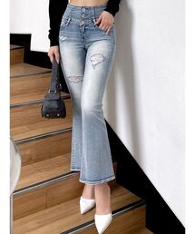 GYDA | ハイウエストBACKクロスダメージフレアデニムパンツ(デニムパンツ)