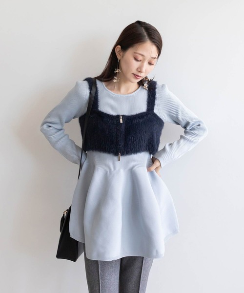 RANDA（ランダ）の「シャギービスチェセットペプラムニットトップス（ニット/セーター・レディース・ブルー/ホワイト/ベージュ・FREE）」の3枚目の写真