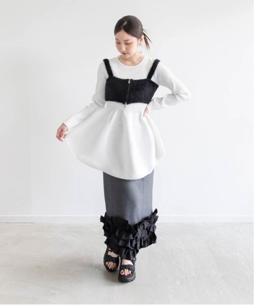 RANDA（ランダ）の「シャギービスチェセットペプラムニットトップス（ニット/セーター・レディース・ブルー/ホワイト/ベージュ・FREE）」の6枚目の写真