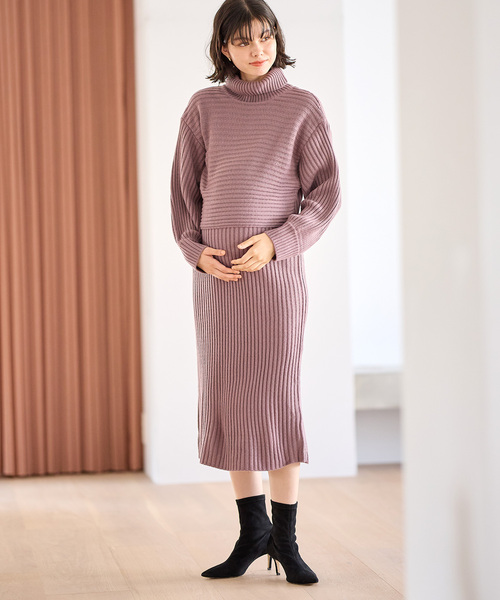 リブ切替ニットワンピース（マタニティ/授乳服）授乳楽々 妊婦服