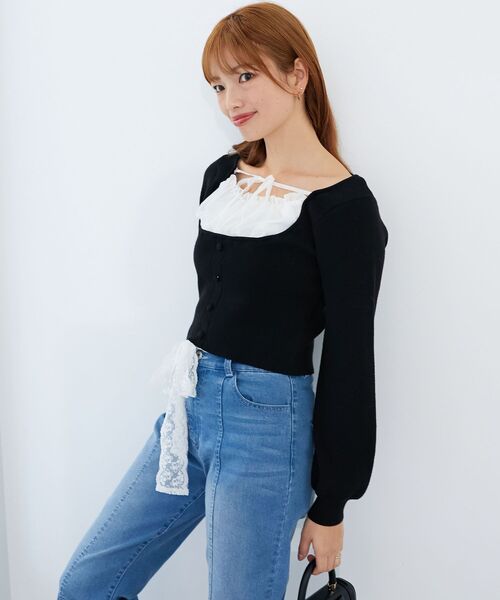 MAJESTIC LEGON（マジェスティックレゴン）の「フロントギャザードッキングニット（ニット/セーター・レディース・ブラック/グレー/アイボリー・MEDIUM）」の2枚目の写真