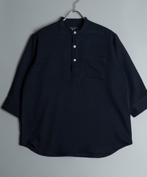 日本製 スラブ オックス カプリ デザイン バンドカラー 七分袖 シャツ イージーケア(GW)