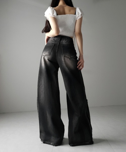 【BOK PLACE】Unique Cut Line Damage Point Wide Denim PT XL 4size 】カットオフダメージブラックヴィンテージワイドデニム
