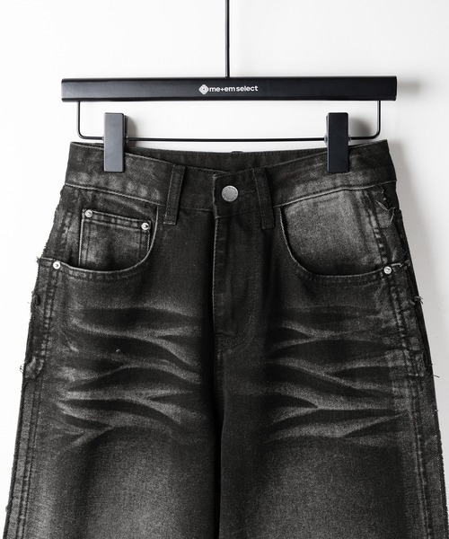 【BOK PLACE】Unique Cut Line Damage Point Wide Denim PT XL BOK PLACE】Jean HemCutting Point Straight Wide Jeans Denim