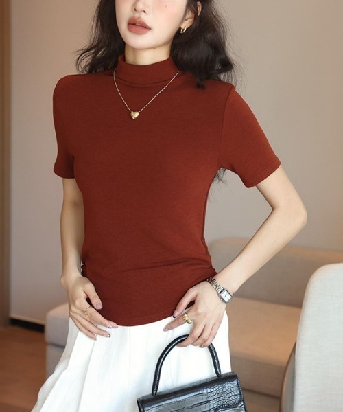 maison de LATIR(メゾンドラティール)の「きれいめ半袖プチハイネックだからUV対策にも◎人気トップス(Tシャツ/カットソー・レディース・ブラック/アイボリー/ライトブラウン/ホワイト/ブラウン・ONESIZE)」の5枚目の写真