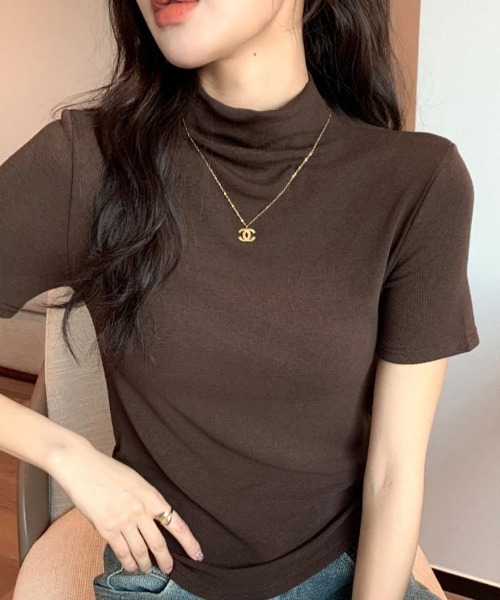 maison de LATIR(メゾンドラティール)の「きれいめ半袖プチハイネックだからUV対策にも◎人気トップス(Tシャツ/カットソー・レディース・ブラック/アイボリー/ライトブラウン/ホワイト/ブラウン・ONESIZE)」の11枚目の写真
