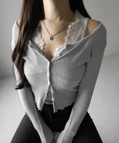 me+em select（ミームセレクト）の「【 ２点セット 】レイヤードレースシアーリブカットソーカーディガン ／ layered lace sheer rib cut and sew cardigan（アンサンブル・レディース・ホワイト/ブラック/グレー・FREE）」の3枚目の写真