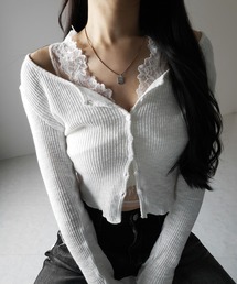 me+em select(�~�[���Z���N�g)�́y �Q�_�Z�b�g �z���C���[�h���[�X�V�A�[���u�J�b�g�\�[�J�[�f�B�K�� �^ layered lace sheer rib cut and sew cardigan(�A���T���u��)