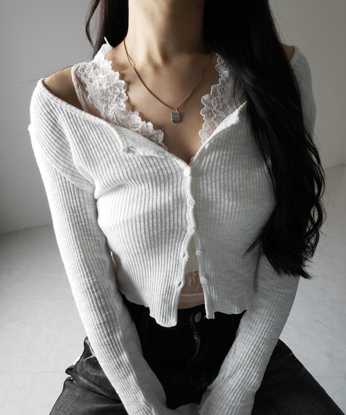 me+em select（ミームセレクト）の「【 ２点セット 】レイヤードレースシアーリブカットソーカーディガン ／ layered lace sheer rib cut and sew cardigan（アンサンブル・レディース・ホワイト/ブラック/グレー・FREE）」の2枚目の写真