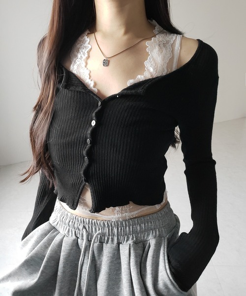 me+em select（ミームセレクト）の「【 ２点セット 】レイヤードレースシアーリブカットソーカーディガン ／ layered lace sheer rib cut and sew cardigan（アンサンブル・レディース・ホワイト/ブラック/グレー・FREE）」の4枚目の写真