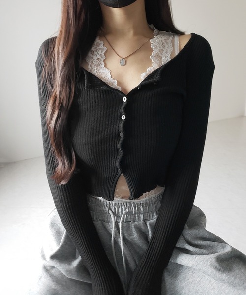 me+em select（ミームセレクト）の「【 ２点セット 】レイヤードレースシアーリブカットソーカーディガン ／ layered lace sheer rib cut and sew cardigan（アンサンブル・レディース・ホワイト/ブラック/グレー・FREE）」の5枚目の写真