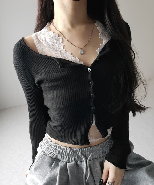me+em select（ミームセレクト）の「【 ２点セット 】レイヤードレースシアーリブカットソーカーディガン ／ layered lace sheer rib cut and sew cardigan（アンサンブル・レディース・ホワイト/ブラック/グレー・FREE）」の6枚目の写真