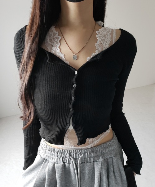 me+em select（ミームセレクト）の「【 ２点セット 】レイヤードレースシアーリブカットソーカーディガン ／ layered lace sheer rib cut and sew cardigan（アンサンブル・レディース・ホワイト/ブラック/グレー・FREE）」の8枚目の写真
