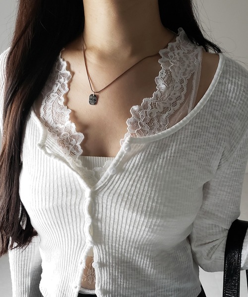 me+em select（ミームセレクト）の「【 ２点セット 】レイヤードレースシアーリブカットソーカーディガン ／ layered lace sheer rib cut and sew cardigan（アンサンブル・レディース・ホワイト/ブラック/グレー・FREE）」の12枚目の写真