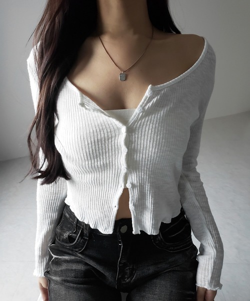 me+em select（ミームセレクト）の「【 ２点セット 】レイヤードレースシアーリブカットソーカーディガン ／ layered lace sheer rib cut and sew cardigan（アンサンブル・レディース・ホワイト/ブラック/グレー・FREE）」の15枚目の写真