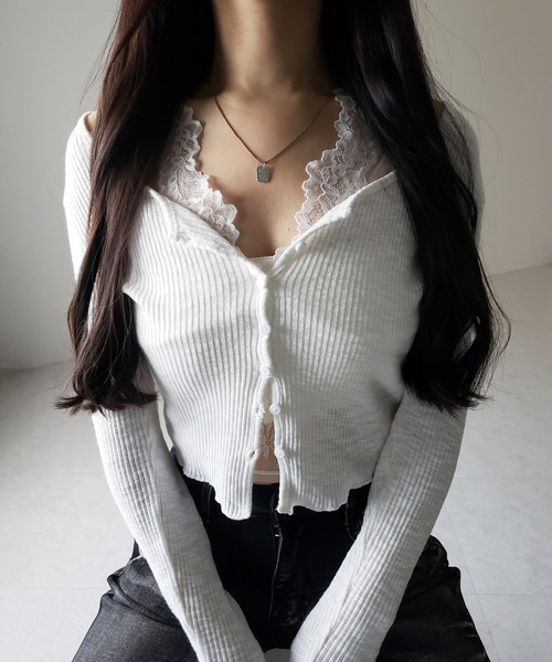 me+em select（ミームセレクト）の「【 ２点セット 】レイヤードレースシアーリブカットソーカーディガン ／ layered lace sheer rib cut and sew cardigan（アンサンブル・レディース・ホワイト/ブラック/グレー・FREE）」の18枚目の写真