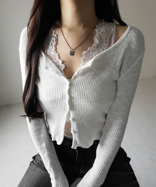 me+em select（ミームセレクト）の「【 ２点セット 】レイヤードレースシアーリブカットソーカーディガン ／ layered lace sheer rib cut and sew cardigan（アンサンブル・レディース・ホワイト/ブラック/グレー・FREE）」の19枚目の写真