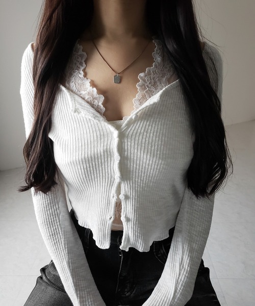me+em select（ミームセレクト）の「【 ２点セット 】レイヤードレースシアーリブカットソーカーディガン ／ layered lace sheer rib cut and sew cardigan（アンサンブル・レディース・ホワイト/ブラック/グレー・FREE）」の20枚目の写真