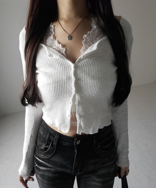 me+em select（ミームセレクト）の「【 ２点セット 】レイヤードレースシアーリブカットソーカーディガン ／ layered lace sheer rib cut and sew cardigan（アンサンブル・レディース・ホワイト/ブラック/グレー・FREE）」の21枚目の写真