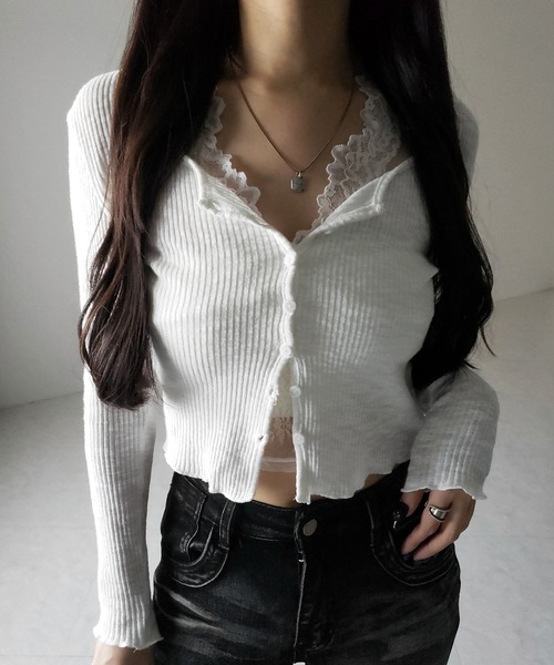 me+em select（ミームセレクト）の「【 ２点セット 】レイヤードレースシアーリブカットソーカーディガン ／ layered lace sheer rib cut and sew cardigan（アンサンブル・レディース・ホワイト/ブラック/グレー・FREE）」の22枚目の写真