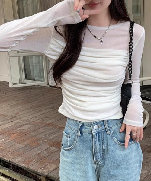 Per sist ence(パーシエンス)の「シースルードレープカットソー(Tシャツ/カットソー・レディース・グレイッシュベージュ/ベージュ/ホワイト・MEDIUM/LARGE/SMALL)」の1枚目の写真