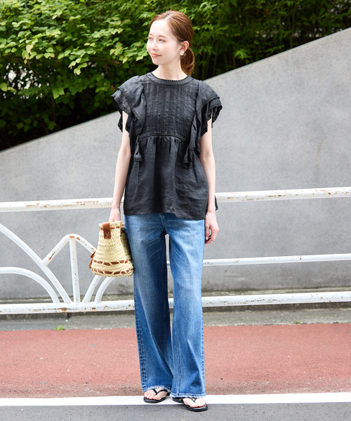 SLOBE IENA 24SS ラミーフリルピンタックブラウス ブラック F SLOBE IENA 24SS ラミーフリルピンタックブラウス ブラック F