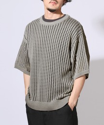 メッシュ編みルーズサイズクルーネック半袖Tシャツ