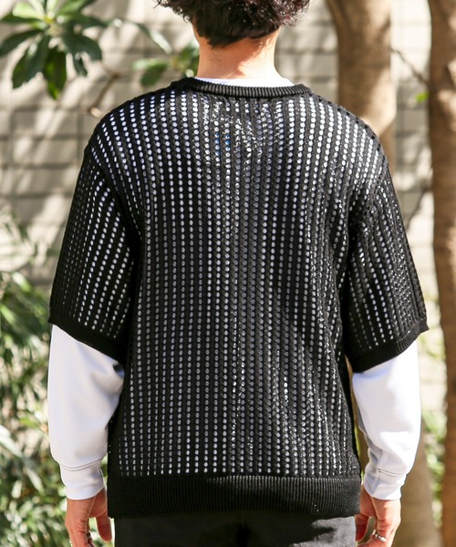 LUXSTYLE(ラグスタイル)の「メッシュ編みルーズサイズクルーネック半袖Tシャツ(ニット/セーター・メンズ・グレー/ブラック・M/L)」の3枚目の写真