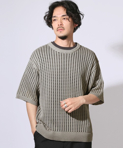 メッシュ編みルーズサイズクルーネック半袖Tシャツ（ニット