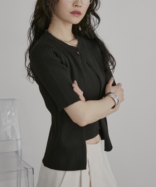 Aunt Marie's(アントマリーズ)の「フェイクレイヤードホックリブニットハーフスリーブトップス【2026_SS】(ニット/セーター・レディース・ブラック/アイボリー/ミント/イエロー・FREE)」の6枚目の写真
