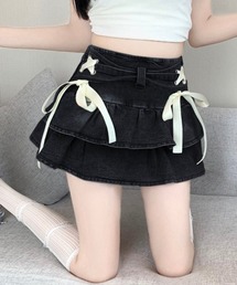 リボンデニムフリルミニスカート インナーパンツ付き