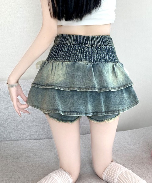 REMUR(レミュール)の「リボンデニムフリルミニスカート インナーパンツ付き(スカート・レディース・ブルー/ブラック・S/M/L)」の12枚目の写真