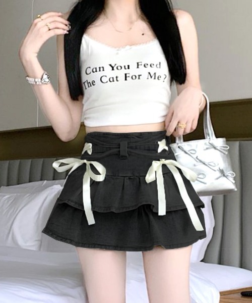 REMUR(レミュール)の「リボンデニムフリルミニスカート インナーパンツ付き(スカート・レディース・ブルー/ブラック・S/M/L)」の7枚目の写真