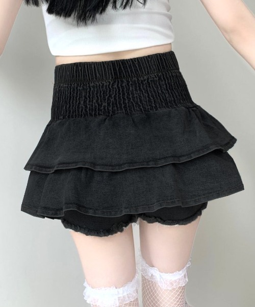 REMUR(レミュール)の「リボンデニムフリルミニスカート インナーパンツ付き(スカート・レディース・ブルー/ブラック・S/M/L)」の10枚目の写真