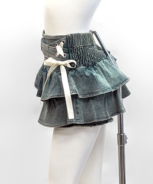 REMUR(レミュール)の「リボンデニムフリルミニスカート インナーパンツ付き(スカート・レディース・ブルー/ブラック・S/M/L)」の20枚目の写真