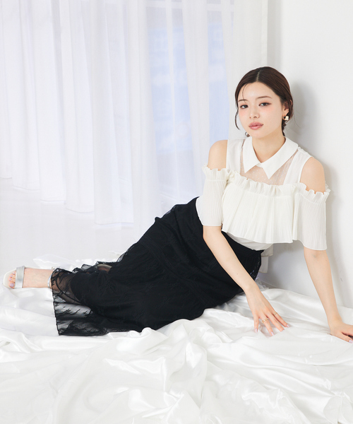 ブラウス シャツ ショルダーオープンプリーツブラウス　シアー　ドット　夏服 レディース SELFIST ブラウス シャツ ショルダーオープンプリーツブラウス
