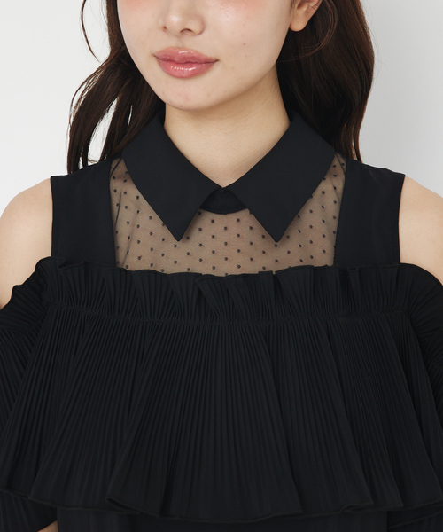 SELFIST（セルフィスト）の「ショルダーオープンプリーツブラウス　シアー　ドット　夏服（シャツ/ブラウス・レディース・オフホワイト/ブラック・フリー）」の10枚目の写真