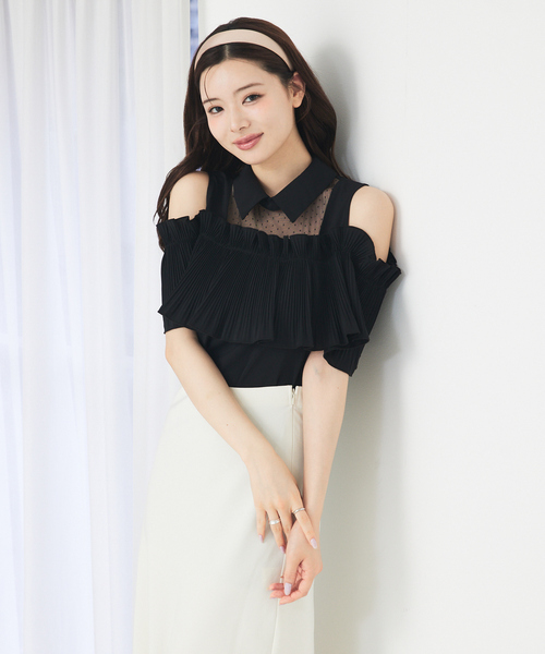 SELFIST（セルフィスト）の「ショルダーオープンプリーツブラウス　シアー　ドット　夏服（シャツ/ブラウス・レディース・オフホワイト/ブラック・フリー）」の14枚目の写真