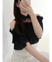 SELFIST | ショルダーオープンプリーツブラウス　シアー　ドット　夏服(シャツ/ブラウス)