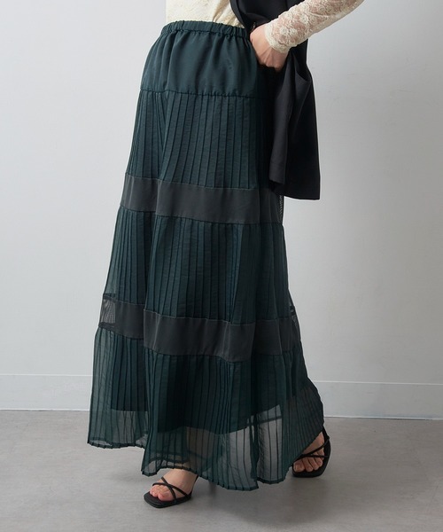 MAISON BREEZE reveur(メゾンブリーズレヴール)の「【MAISON BREEZE reveur】シアープリーツメッシュティアードスカート trc(スカート・レディース・ブラック/グリーン・FREE)」の2枚目の写真