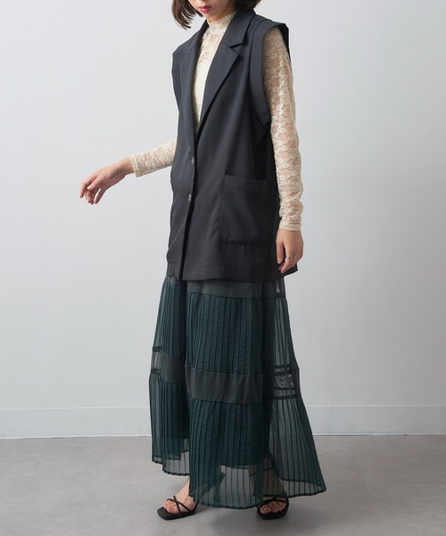 MAISON BREEZE reveur(メゾンブリーズレヴール)の「【MAISON BREEZE reveur】シアープリーツメッシュティアードスカート trc(スカート・レディース・ブラック/グリーン・FREE)」の15枚目の写真