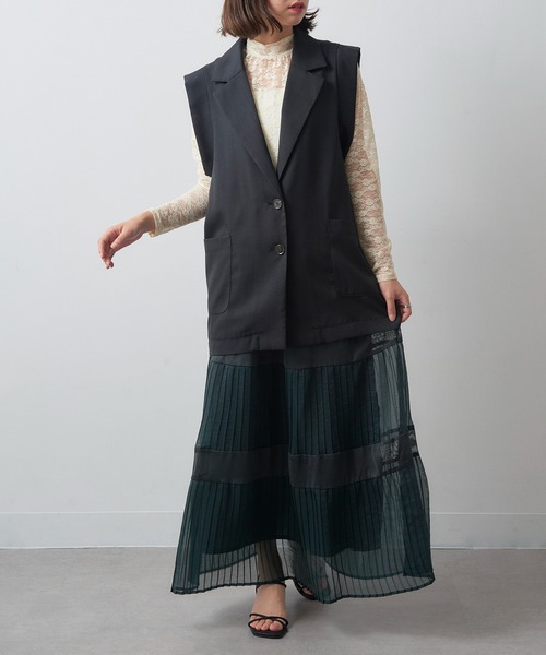 MAISON BREEZE reveur(メゾンブリーズレヴール)の「【MAISON BREEZE reveur】シアープリーツメッシュティアードスカート trc(スカート・レディース・ブラック/グリーン・FREE)」の3枚目の写真