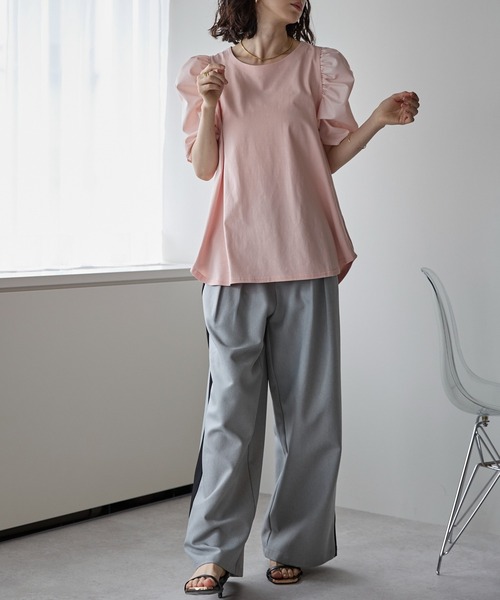美品 L'Appartement ギャザースリーブTシャツ ベージュ セール】異素材切替ギャザースリーブT（Tシャツ/カットソー