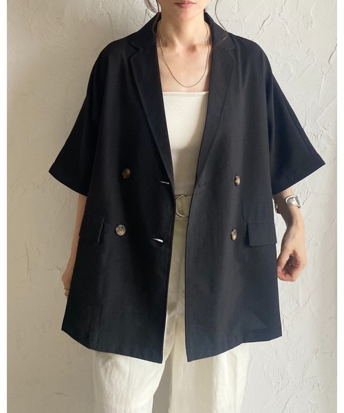 She's Closet（シーズクローゼット）の「リネンタッチオーバーサイズ半袖ダブルテーラードジャケット（テーラードジャケット・レディース・アイボリー/モカ/ブラック・FREE）」の4枚目の写真