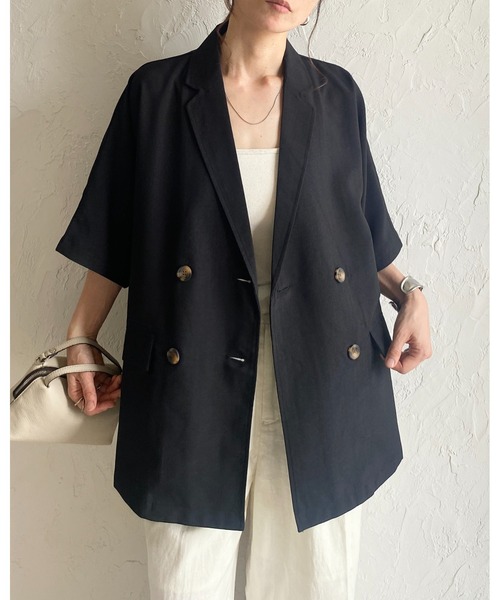She's Closet（シーズクローゼット）の「リネンタッチオーバーサイズ半袖ダブルテーラードジャケット（テーラードジャケット・レディース・アイボリー/モカ/ブラック・FREE）」の6枚目の写真