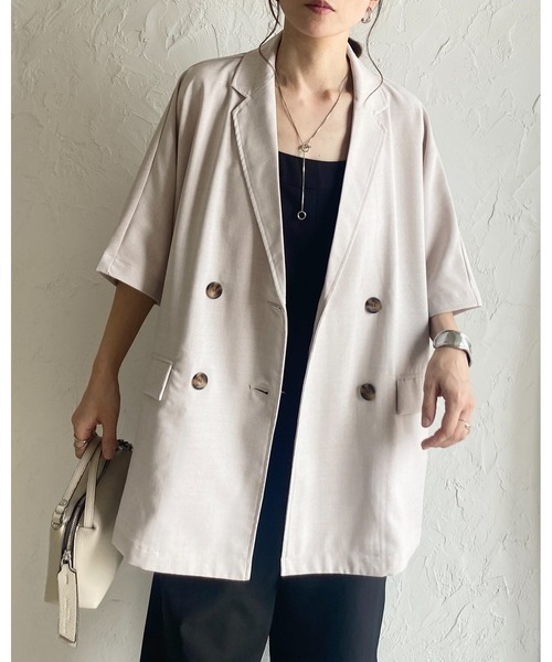She's Closet（シーズクローゼット）の「リネンタッチオーバーサイズ半袖ダブルテーラードジャケット（テーラードジャケット・レディース・アイボリー/モカ/ブラック・FREE）」の7枚目の写真