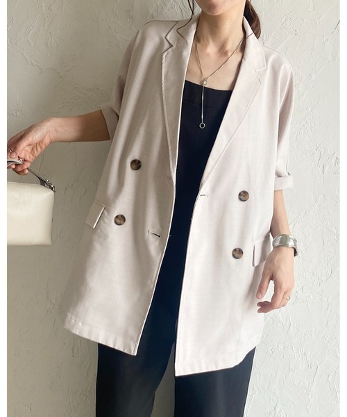 She's Closet（シーズクローゼット）の「リネンタッチオーバーサイズ半袖ダブルテーラードジャケット（テーラードジャケット・レディース・アイボリー/モカ/ブラック・FREE）」の8枚目の写真
